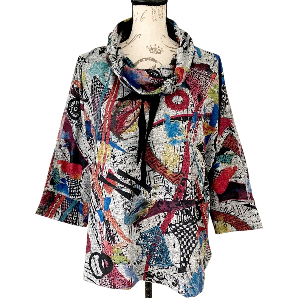 Ali Miles Multicolor Abstract Print Cowl Neck Tunic - Gray, Red, Blue, Yellow